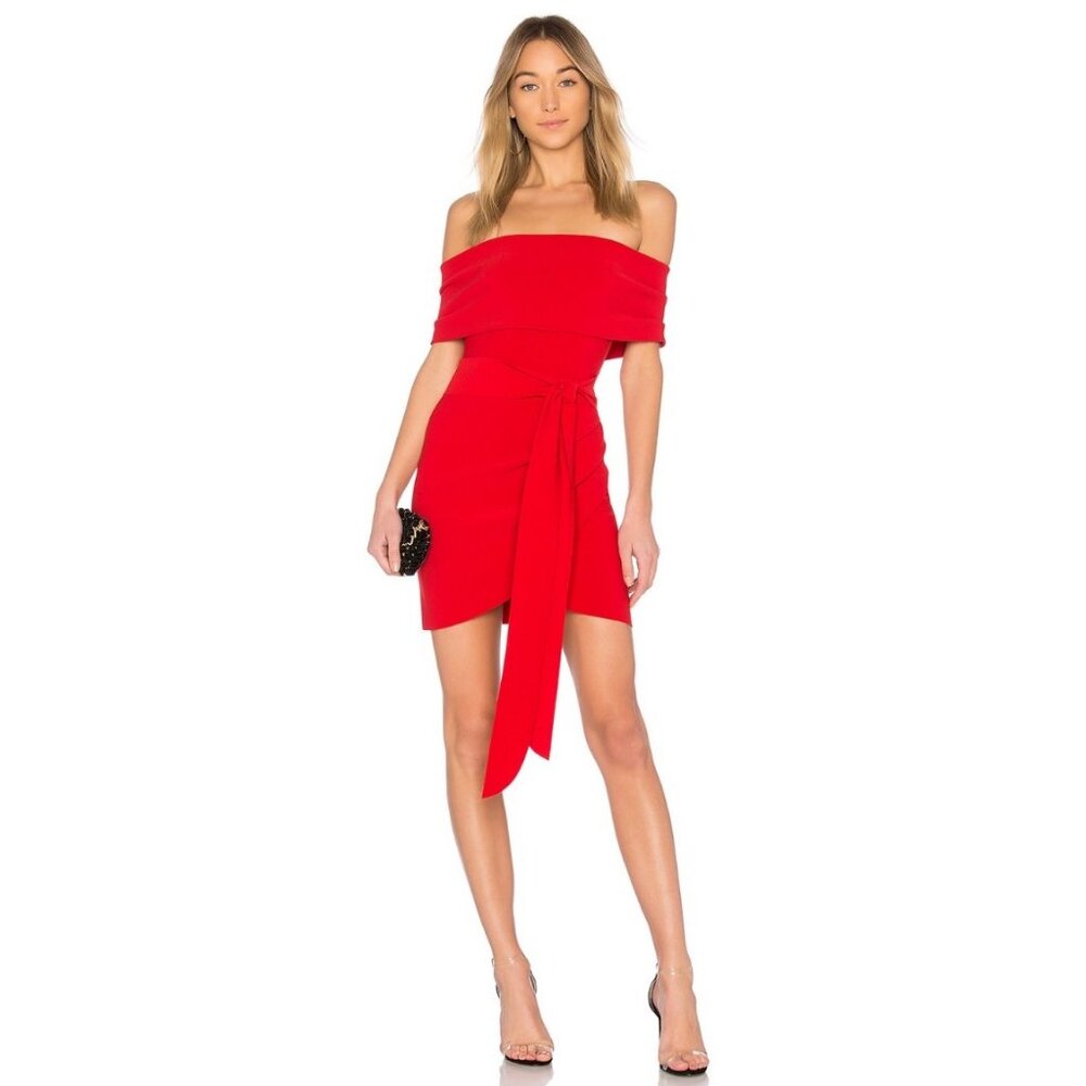 NWT Bec & Bridge Marvellous Off Shoulder Tie Waist Mini Dress in Red